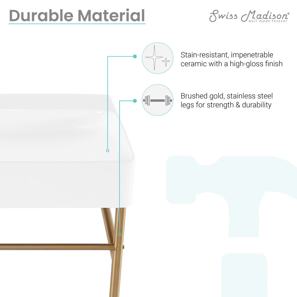 Carre 36 Ceramic Console Sink White Basin Brushed Gold Legs