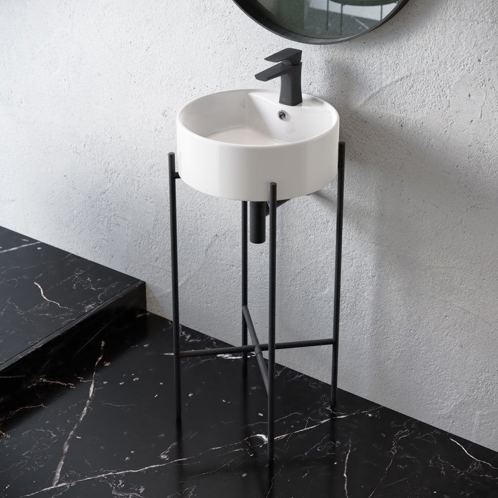 Monaco 15.75" Round Console Sink with Faucet Mount, White Basin Matte Black Legs