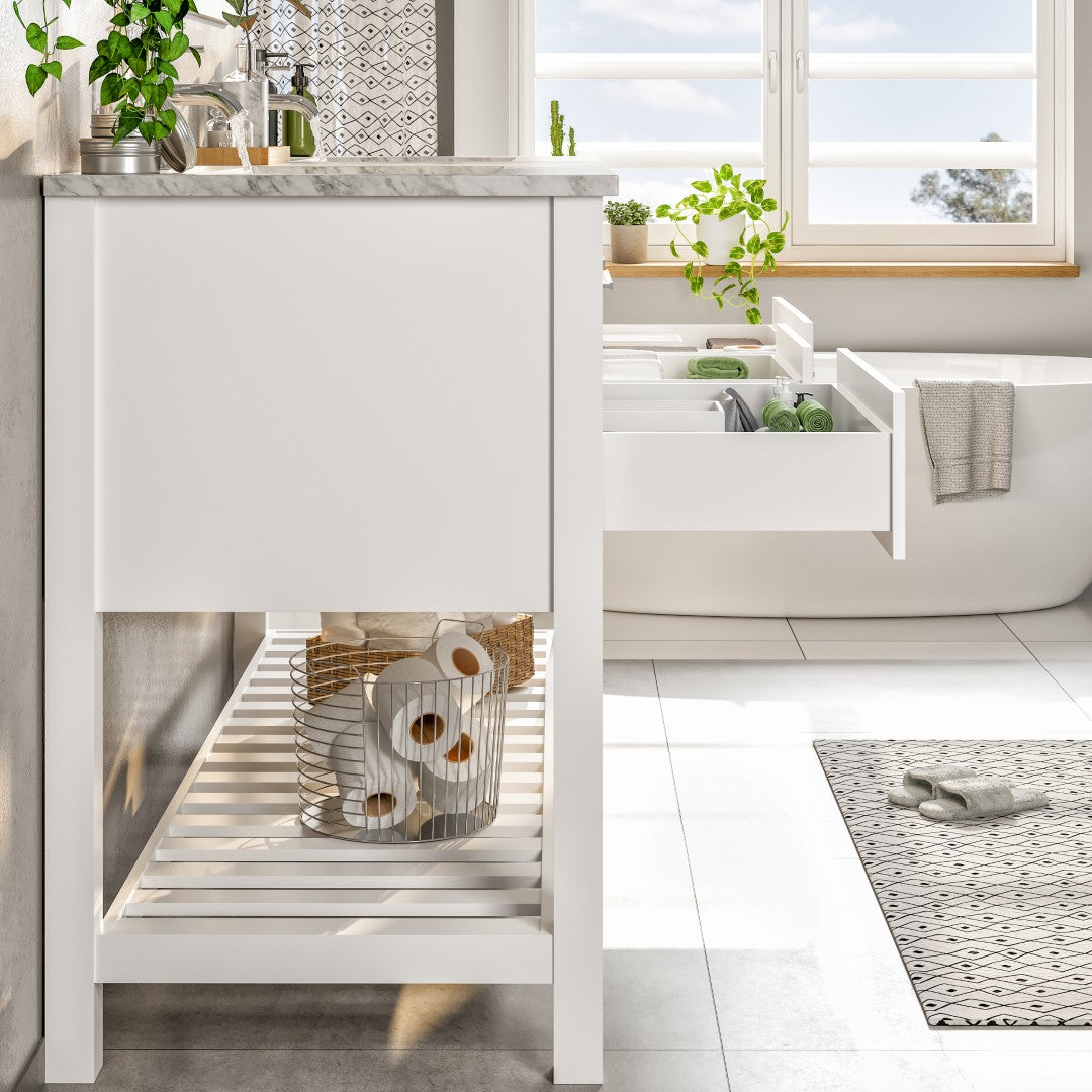 Natalie 60 in. White Double Sink  Bath Vanity with Carrara Marble Top and Undermount Porcelain Sinks