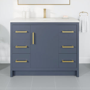 Curio 42 in. Dark Blue Single Sink Bath Vanity with Carrara Quartz Top and Undermount Porcelain Sink