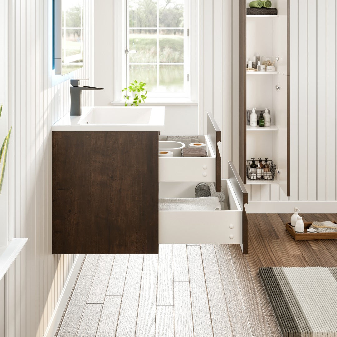 Joy 24 in. Rosewood Wall Mount Single Sink Bath Vanity with Porcelain Top and Integrated Sink