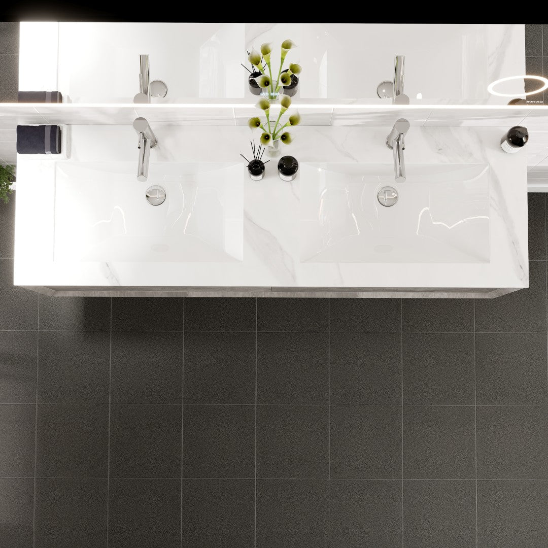 Aurora 60 in. Concrete Gray Wall Mount Double Sink  Bath Vanity with Carrara Quartz Top and Undermount Porcelain Sinks
