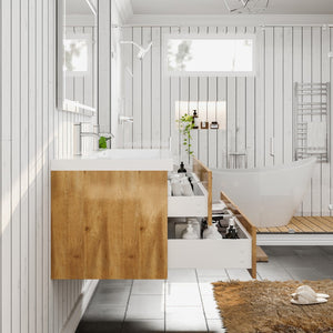 Surf 57 in. Natural Oak Wall Mount Double Sink  Bath Vanity with Acrylic Top and Integrated Sinks