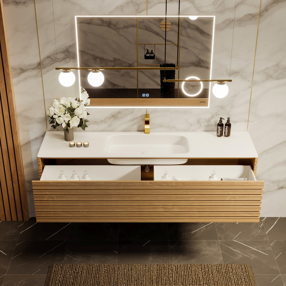 Allure 55 in. Oak Wall Mount Single Sink Bath Vanity with Solid Surface Top and Integrated Sink