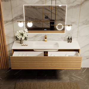 Allure 55 in. Oak Wall Mount Single Sink Bath Vanity with Solid Surface Top and Integrated Sink