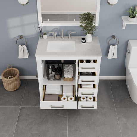 Aberdeen 36 in. White Single Sink Bath Vanity with Carrara Quartz Top and Undermount Porcelain Sink