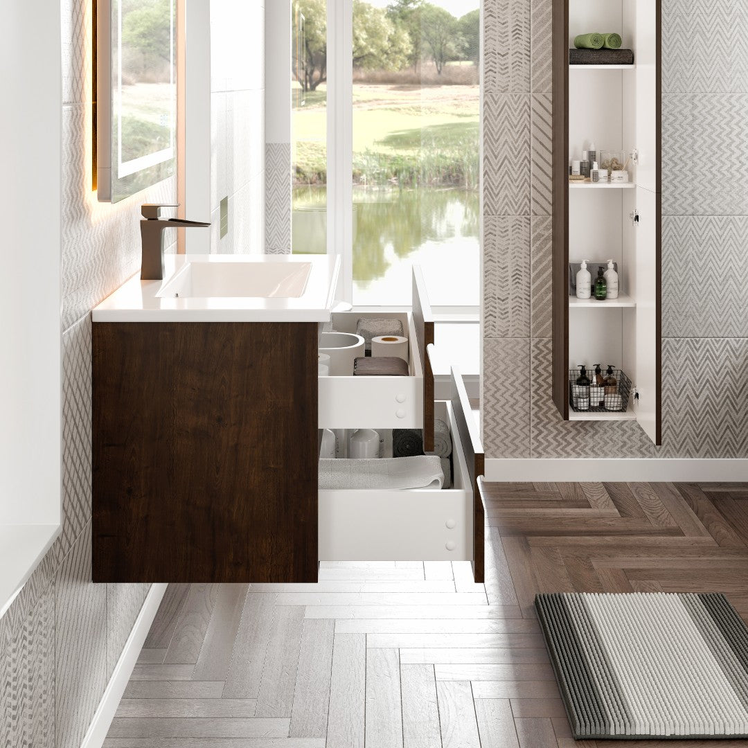 Joy 32 in. Rosewood Wall Mount Single Sink Bath Vanity with Porcelain Top and Integrated Sink