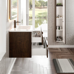 Joy 32 in. Rosewood Wall Mount Single Sink Bath Vanity with Porcelain Top and Integrated Sink