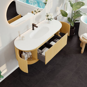 Haven 55 in. Natural Oak Wall Mount Single Sink Bath Vanity with Solid Surface Top and Integrated Sink