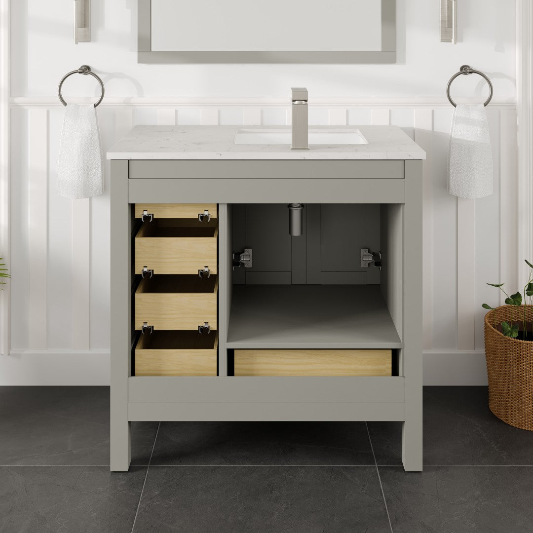 London 36 in. Gray Single Sink Bath Vanity with Carrara Quartz Top and Undermount Porcelain Sink