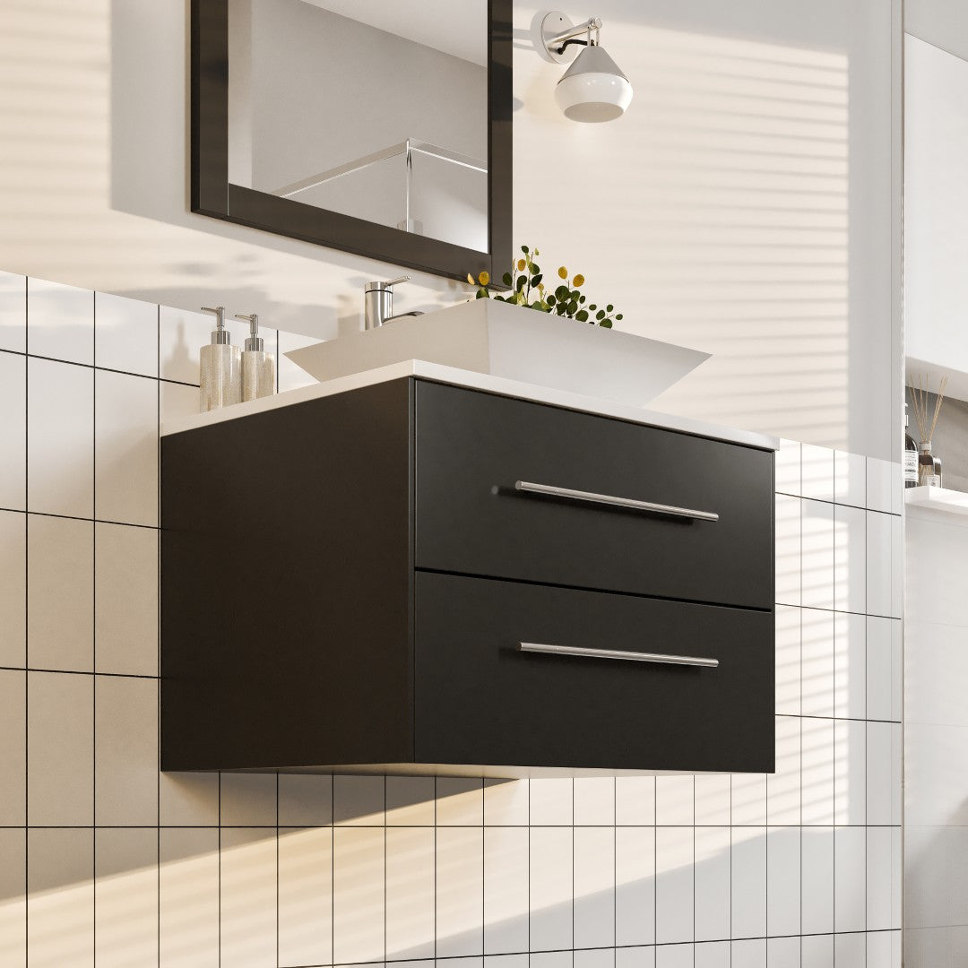 Wave 24 in. Espresso Wall Mount Single Sink Bath Vanity with White Quartz Top and Vessel Porcelain Sink