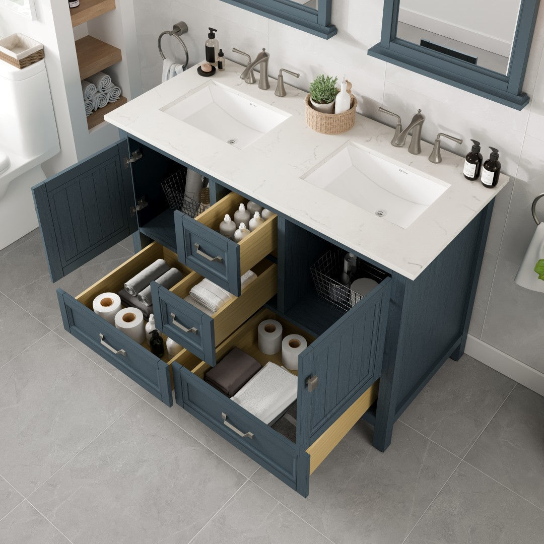 Britney 48 in. Ash Blue Double Sink  Bath Vanity with Carrara Quartz Top and Undermount Porcelain Sinks