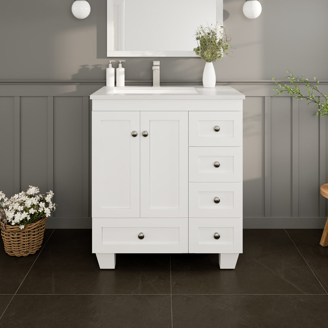 Happy 30 in. White Single Sink Bath Vanity with Carrara Quartz Top and Undermount Porcelain Sink