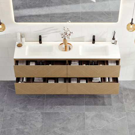 Lotus 59 in. Natural Oak Wall Mount Double Sink  Bath Vanity with Solid Surface Top and Integrated Sinks