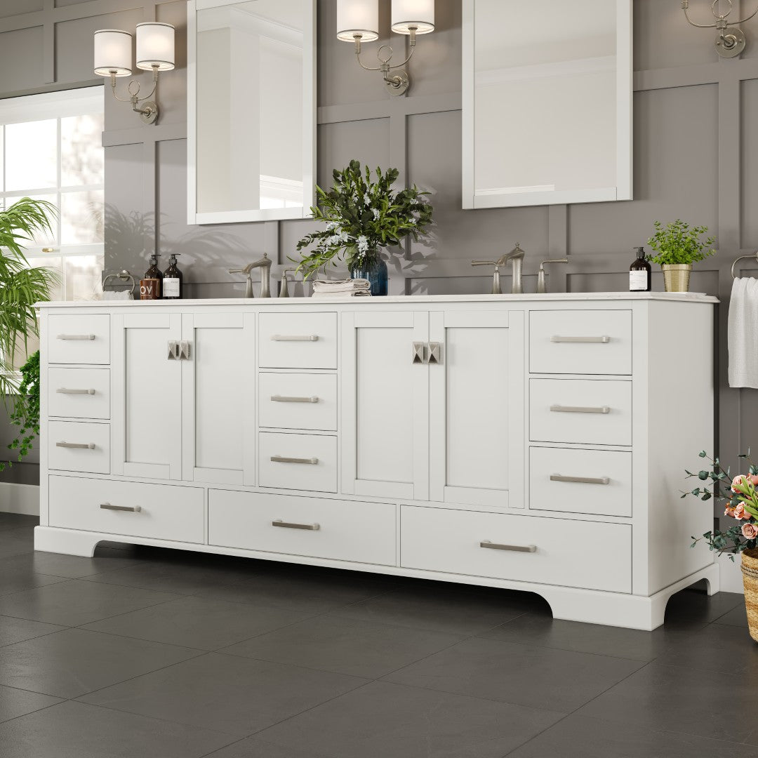 Storehouse 84 in. White Double Sink  Bath Vanity with Carrara Quartz Top and Undermount Porcelain Sinks