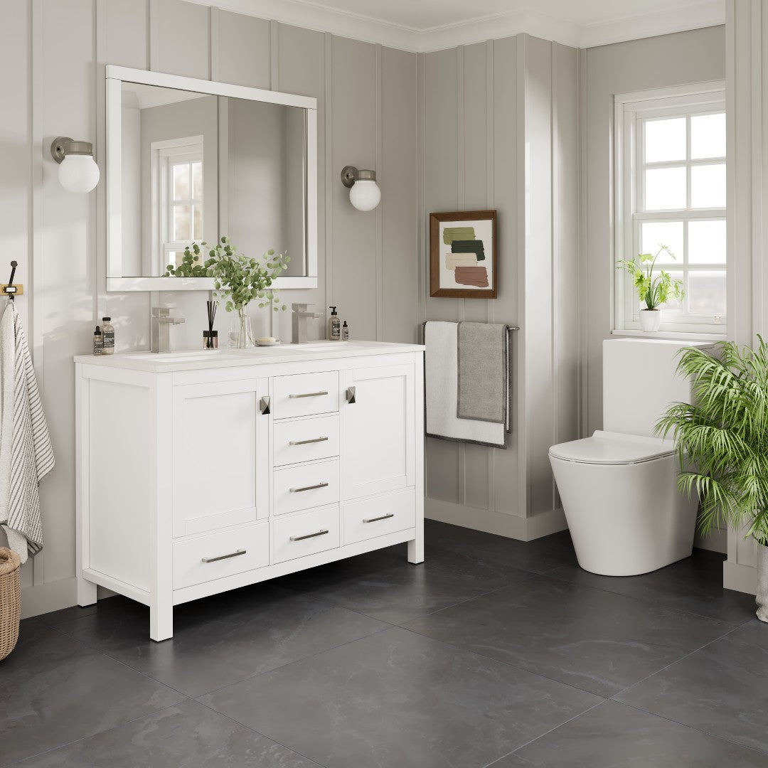 London 54 in. White Double Sink  Bath Vanity with Carrara Quartz Top and Undermount Porcelain Sinks