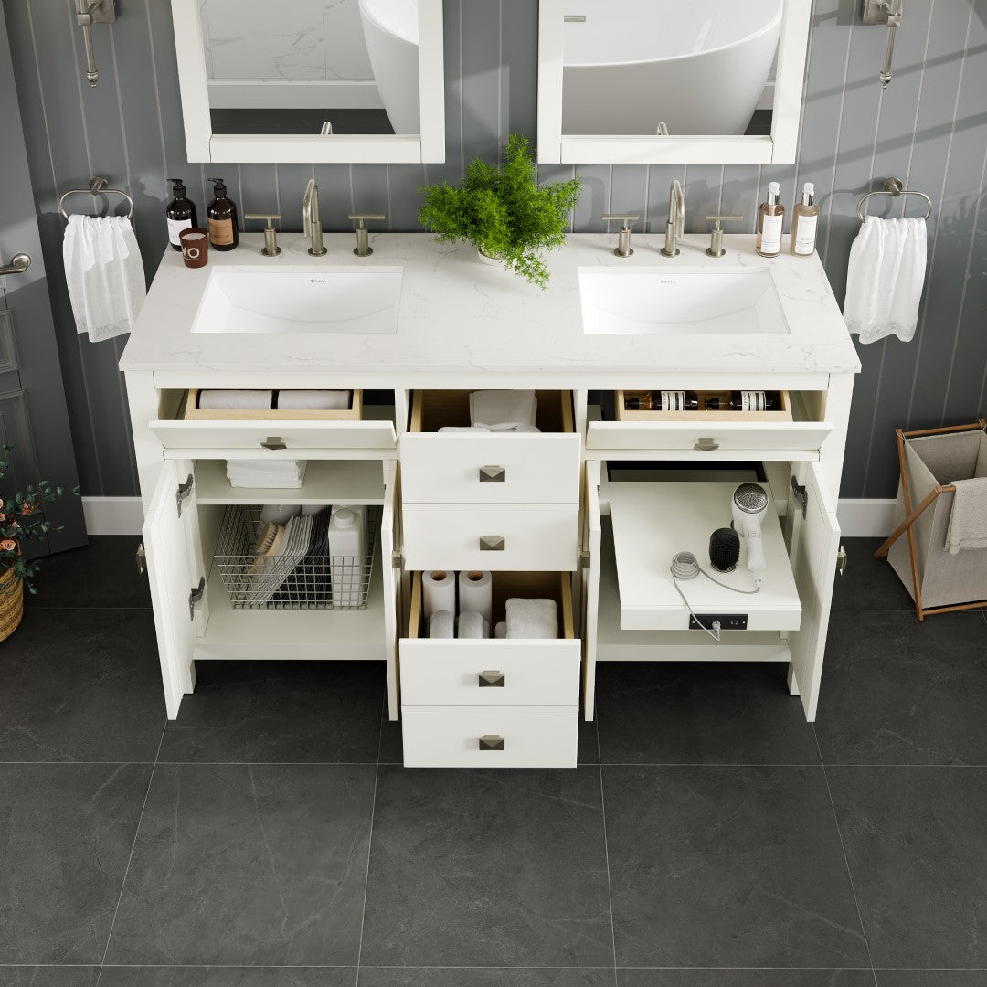 Artemis 60 in. White Double Sink  Bath Vanity with Engineered Top and Undermount Porcelain Sinks