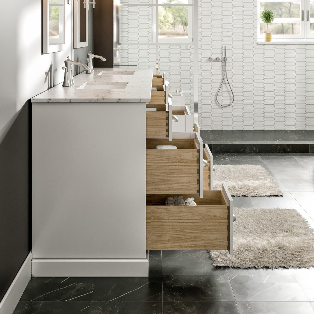 Epic 96 in. White Double Sink  Bath Vanity with Carrara Quartz Top and Undermount Porcelain Sinks