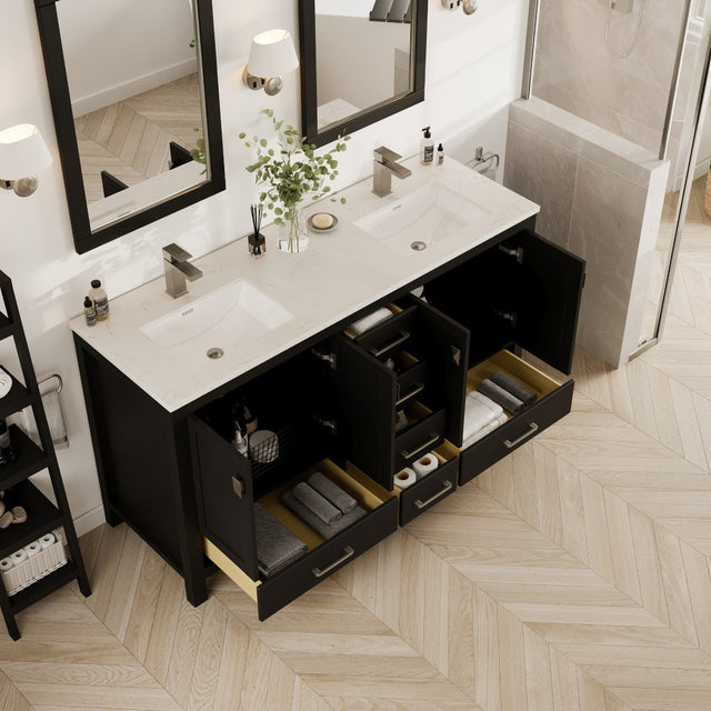London 60 in. Espresso Double Sink  Bath Vanity with Carrara Quartz Top and Undermount Porcelain Sinks