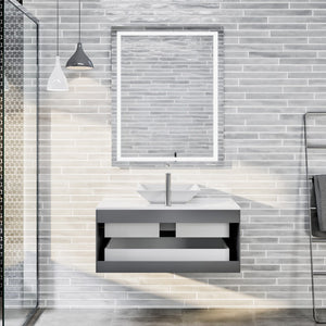 Wave 36 in. Gray Wall Mount Single Sink Bath Vanity with White Quartz Top and Vessel Porcelain Sink