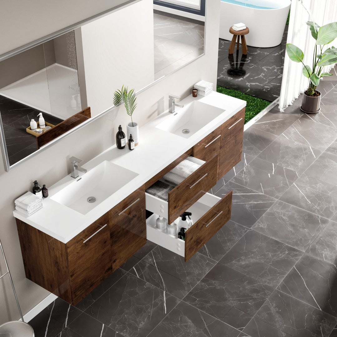 Lumina 84 in. Rosewood Wall Mount Double Sink  Bath Vanity with Acrylic Top and Integrated Sinks