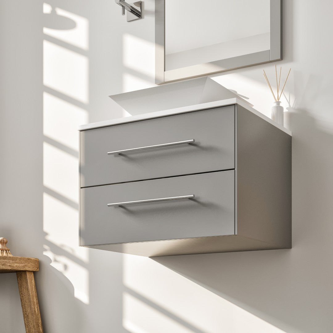 Wave 24 in. Gray Wall Mount Single Sink Bath Vanity with White Quartz Top and Vessel Porcelain Sink