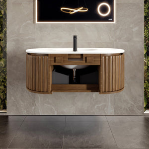 Haven 39 in. Medium Oak Wall Mount Single Sink Bath Vanity with Solid Surface Top and Integrated Sink