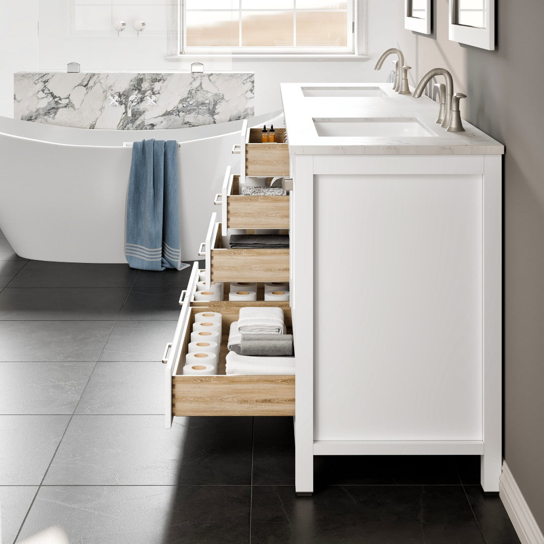 Aberdeen 84 in. White Double Sink  Bath Vanity with Carrara Quartz Top and Undermount Porcelain Sinks
