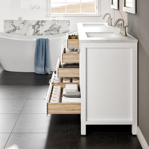 Aberdeen 84 in. White Double Sink  Bath Vanity with Carrara Quartz Top and Undermount Porcelain Sinks