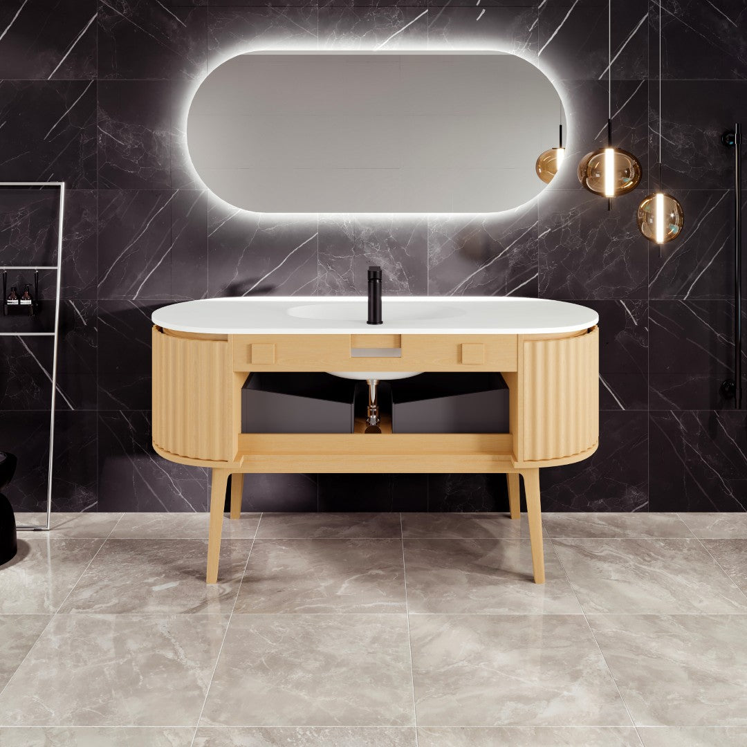 Haven 55 in. Natural Oak Single Sink Bath Vanity with Solid Surface Top and Integrated Sink