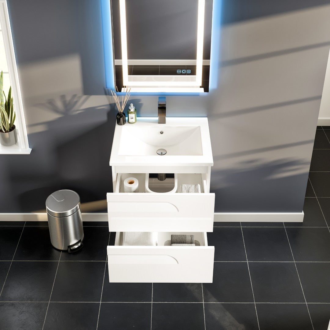 Joy 24 in. White Wall Mount Single Sink Bath Vanity with Porcelain Top and Integrated Sink