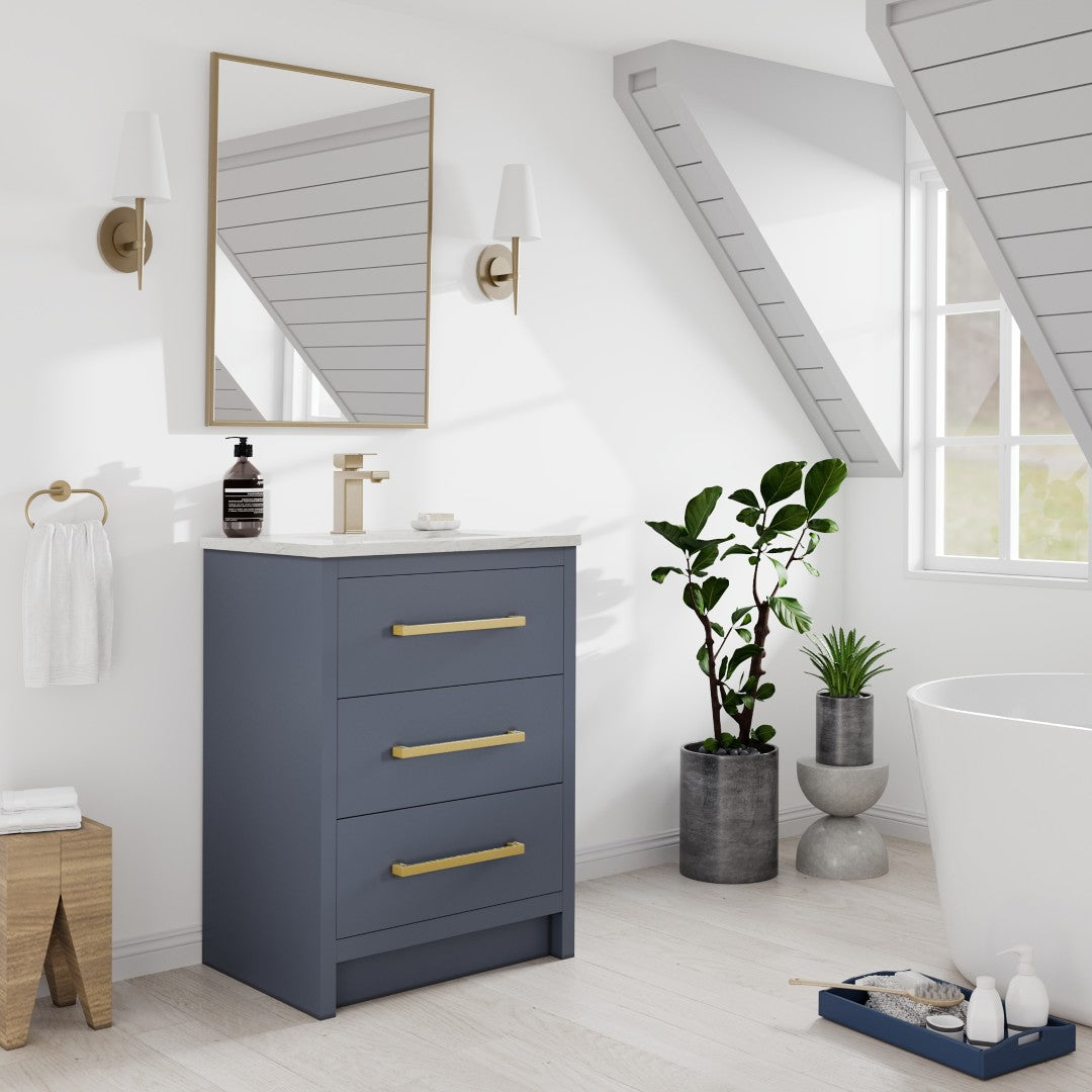 Curio 24 in. Dark Blue Single Sink Bath Vanity with Carrara Quartz Top and Undermount Porcelain Sink
