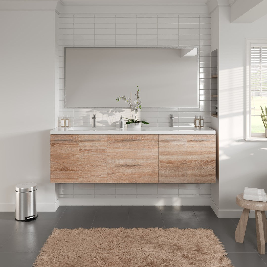 Axis 72 in. White Oak Wall Mount Double Sink  Bath Vanity with Acrylic Top and Integrated Sinks