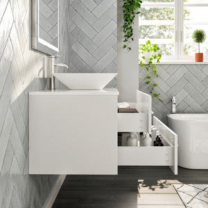 Wave 36 in. White Wall Mount Single Sink Bath Vanity with White Quartz Top and Vessel Porcelain Sink