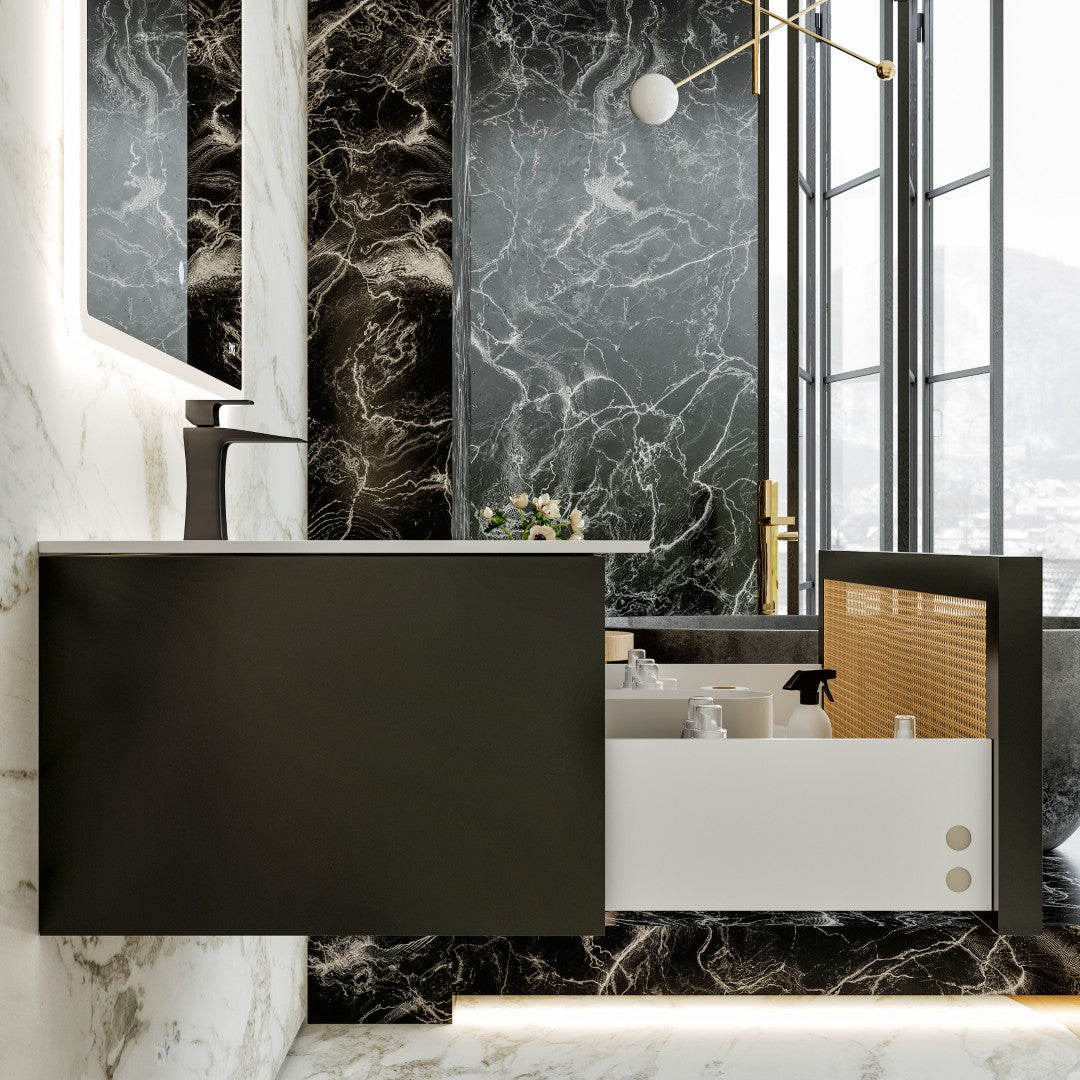 Nets 44 in. Natural Oak/Black Wall Mount Single Sink Bath Vanity with Solid Surface Top and Integrated Sink