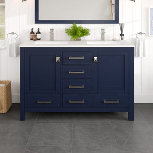 London 54 in. Blue Double Sink  Bath Vanity with Carrara Quartz Top and Undermount Porcelain Sinks