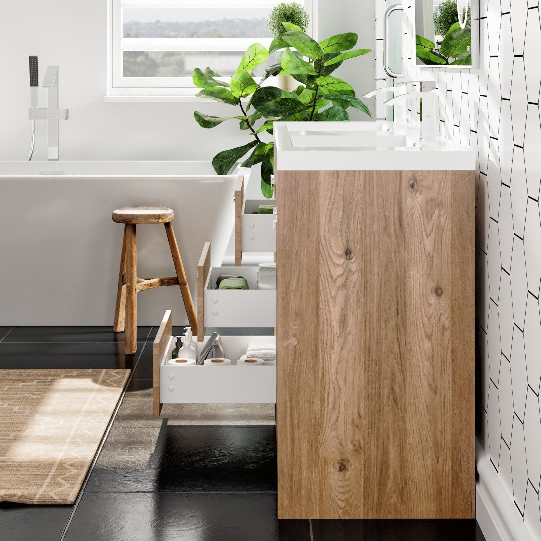 Lugano 60 in. Natural Oak Double Sink  Bath Vanity with Acrylic Top and Integrated Sinks