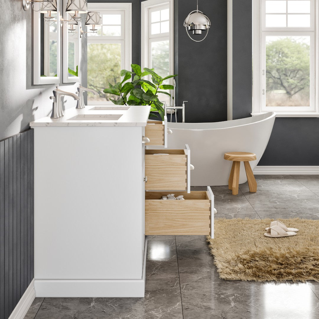 Epic 60 in. White Double Sink  Bath Vanity with Carrara Quartz Top and Undermount Porcelain Sinks