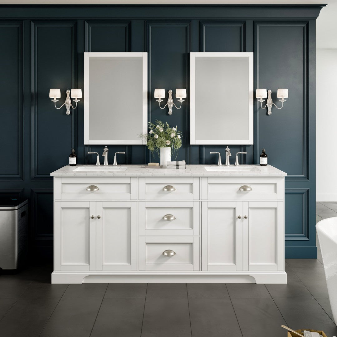Epic 72 in. White Double Sink  Bath Vanity with Carrara Quartz Top and Undermount Porcelain Sinks