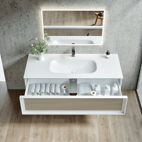 Nets 44 in. Natural Oak/White Wall Mount Single Sink Bath Vanity with Solid Surface Top and Integrated Sink
