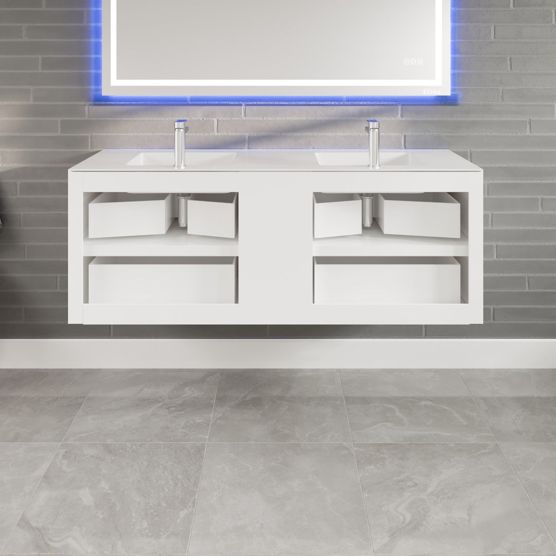 Vienna 60 in. Oak Wall Mount Double Sink  Bath Vanity with Acrylic Top and Integrated Sinks