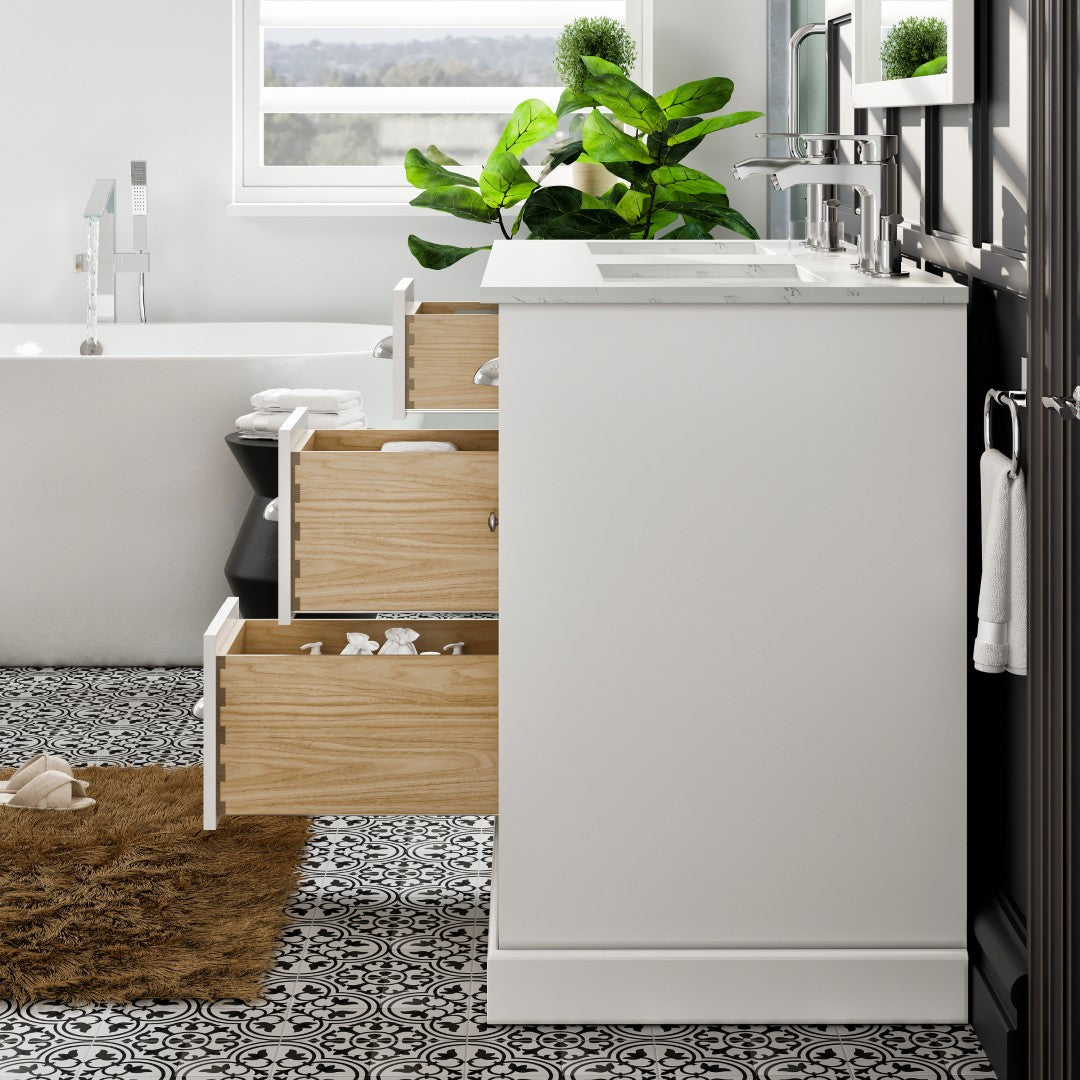 Epic 48 in. White Double Sink  Bath Vanity with Carrara Quartz Top and Undermount Porcelain Sinks