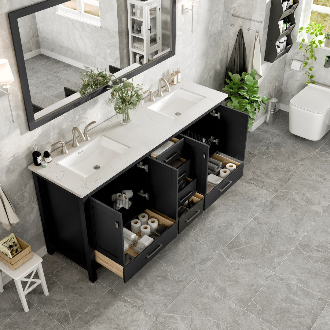 Aberdeen 72 in. Espresso Double Sink  Bath Vanity with Carrara Quartz Top and Undermount Porcelain Sinks