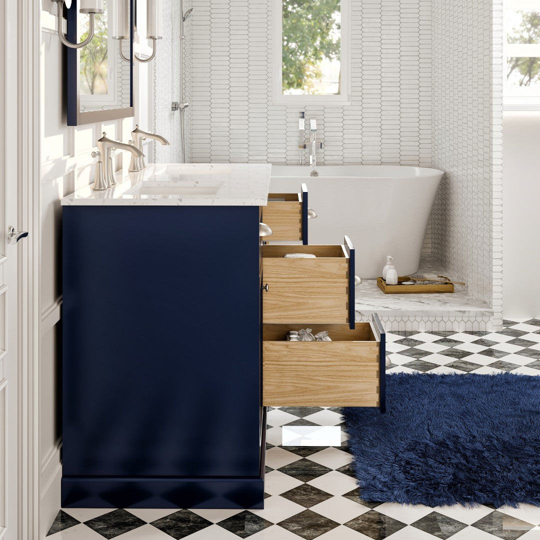 Epic 48 in. Blue Double Sink  Bath Vanity with Carrara Quartz Top and Undermount Porcelain Sinks