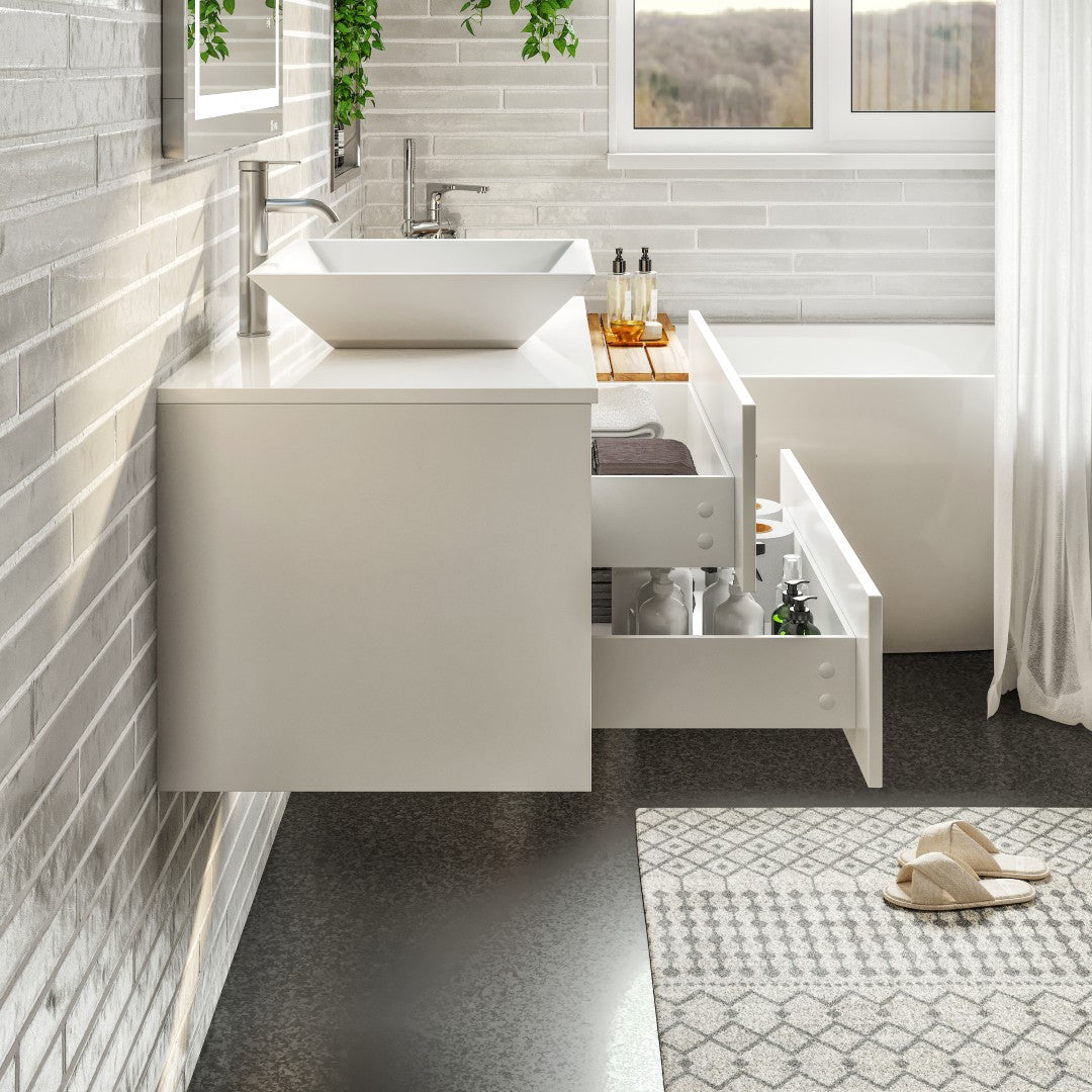 Wave 30 in. White Wall Mount Single Sink Bath Vanity with White Quartz Top and Vessel Porcelain Sink
