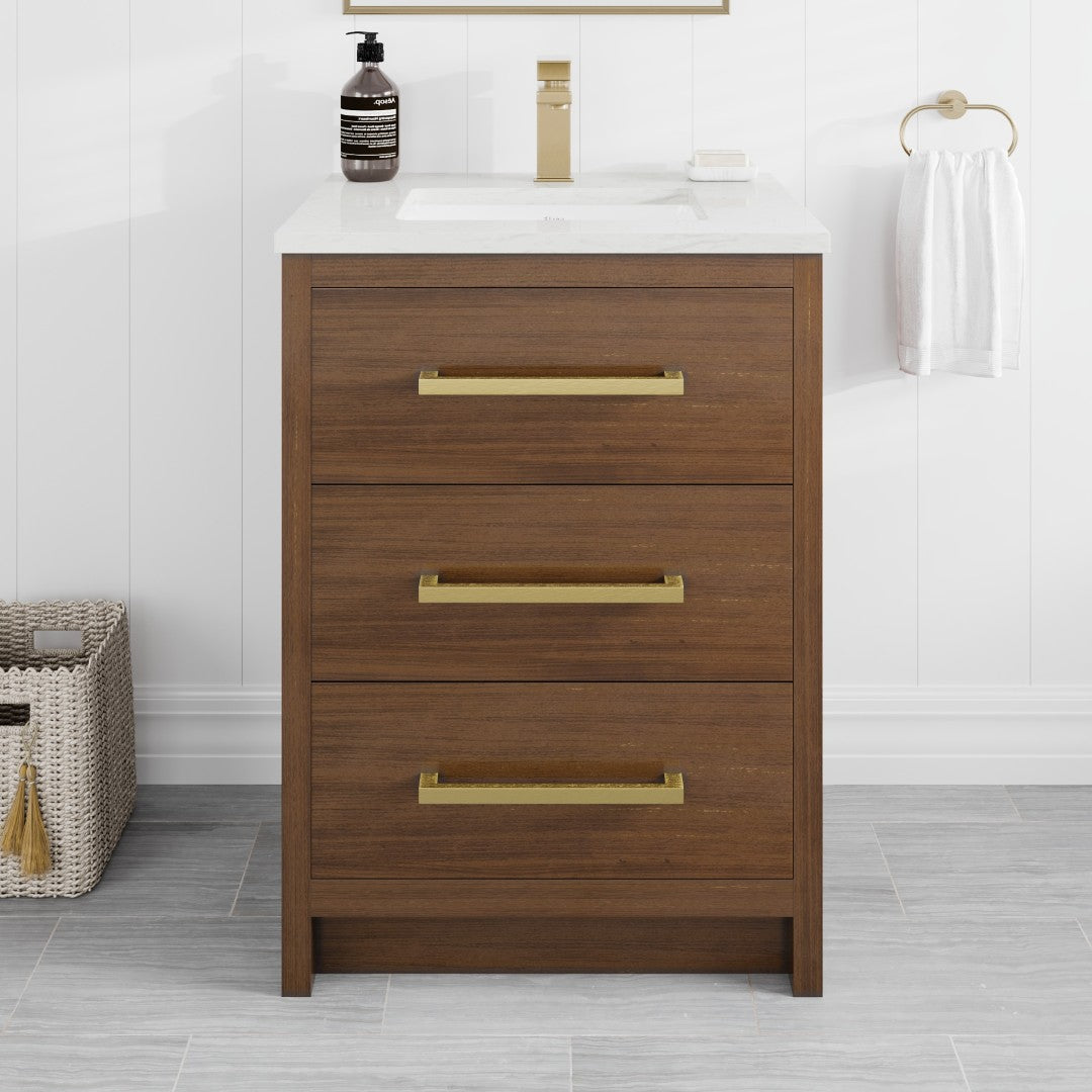 Curio 24 in. Walnut Single Sink Bath Vanity with Carrara Quartz Top and Undermount Porcelain Sink