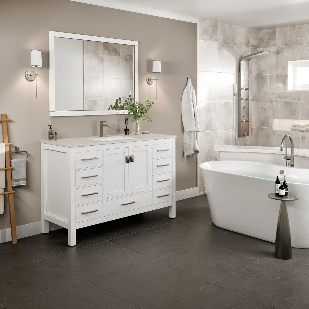 London 54 in. White Single Sink Bath Vanity with Carrara Quartz Top and Undermount Porcelain Sink