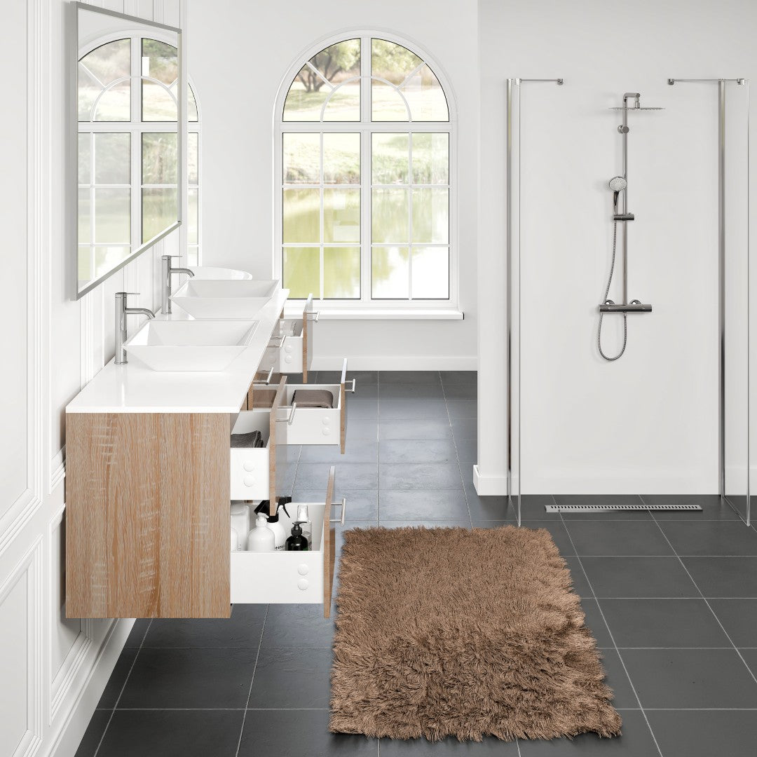 Luxy 72 in. White Oak Wall Mount Double Sink  Bath Vanity with White Quartz Top and Vessel Porcelain Sinks