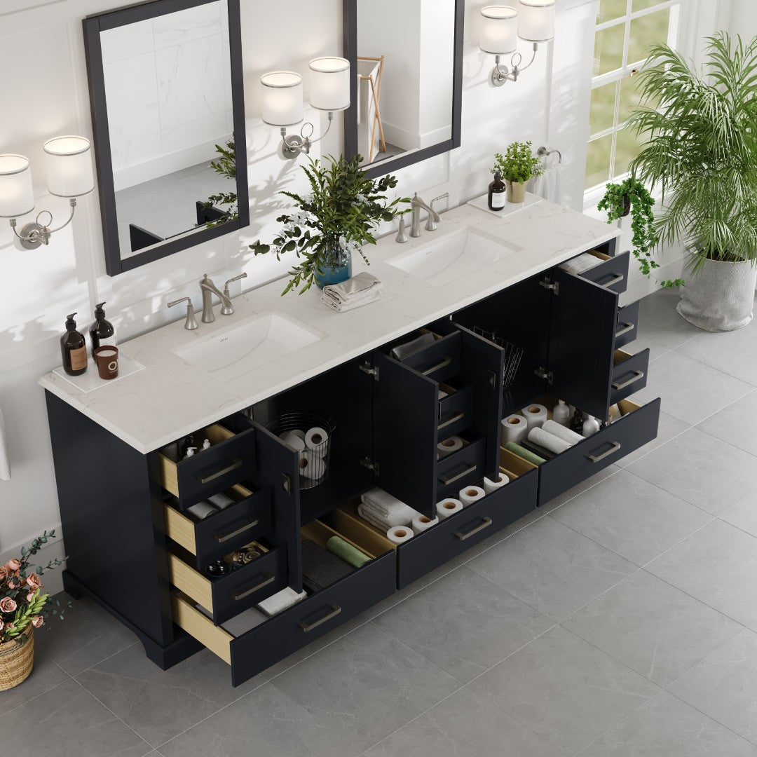 Storehouse 84 in. Dark Gray Double Sink  Bath Vanity with Carrara Quartz Top and Undermount Porcelain Sinks