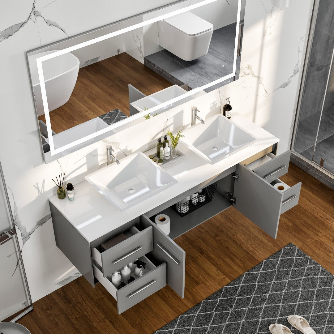 Wave 60 in. Gray Wall Mount Double Sink  Bath Vanity with White Quartz Top and Vessel Porcelain Sinks